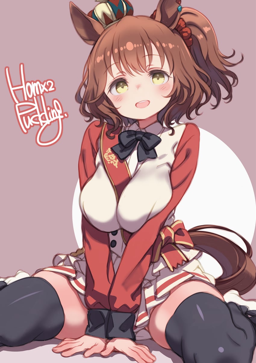 赛马娘、阿斯顿马酱 (Flare) (赛马娘)、阿斯顿马酱 (赛马娘) 1名女孩 兽耳 黑色过膝袜 脸红 乳房
