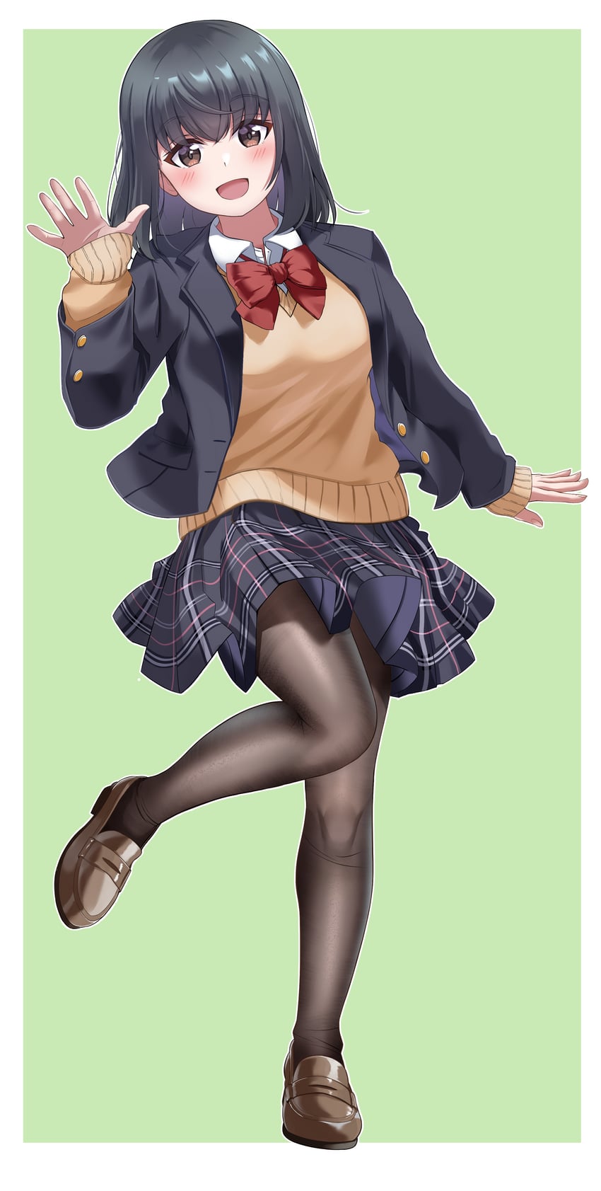 原创、铃夏一叶 1名女孩 黑发 黑色夹克 黑色连裤袜 黑色裙子