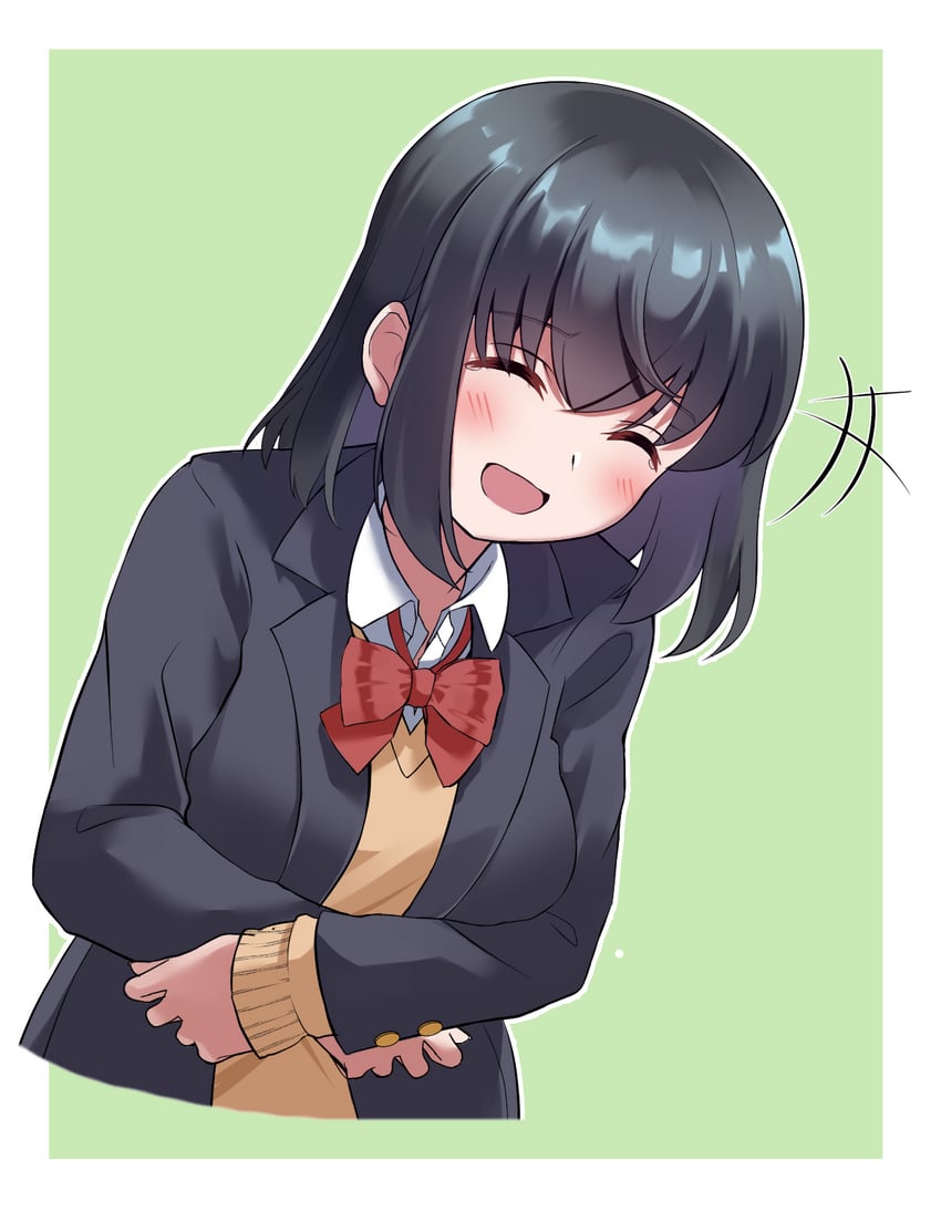原创、铃夏一叶 1名女孩 微笑 黑发 黑色夹克 西装外套