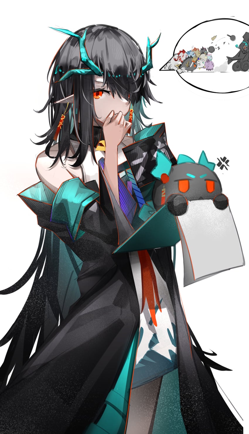 明日方舟、重岳 (明日方舟)、博士 (明日方舟) 1名女孩 露肩 黑发 龙豆 (明日方舟) 发丝垂在眼睛之间