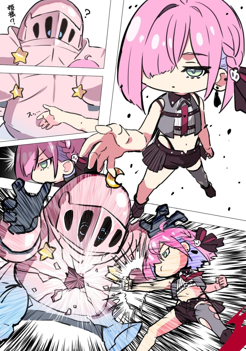 Hololive、姬森璐娜、姬森璐娜 (街头装) 1名女孩 铠甲 黑色短裤 Q版 破裂的盔甲