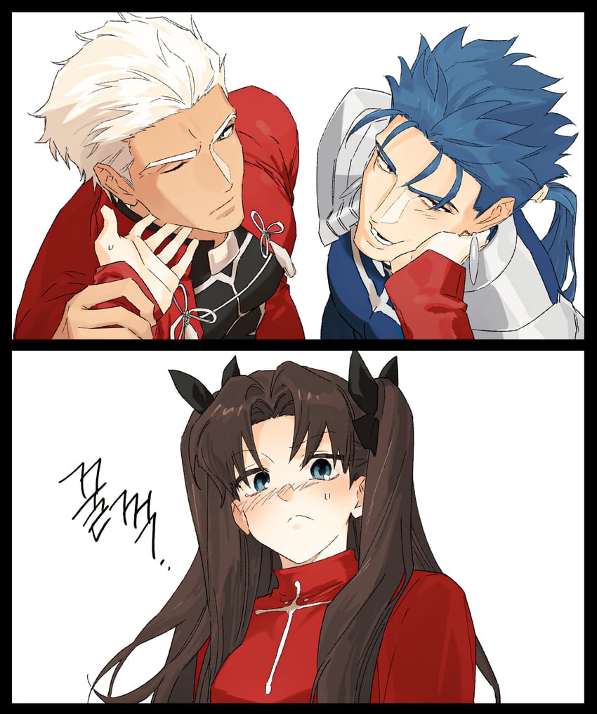 Fate/stay night、Fate系列、Archer (Fate) 1名女孩 2个男孩 铠甲 黑发 蓝紧身衣