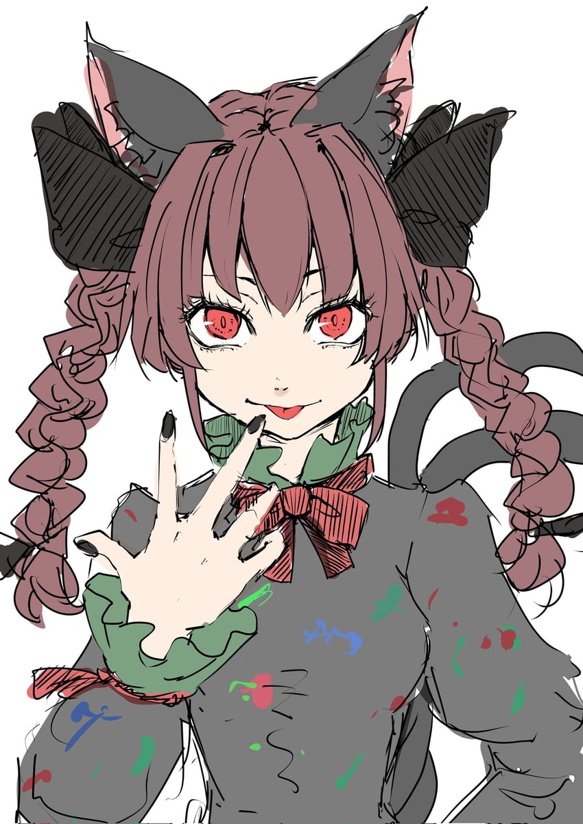 东方Project、火焰猫燐 1名女孩 兽耳 黑色指甲 辫子 猫耳