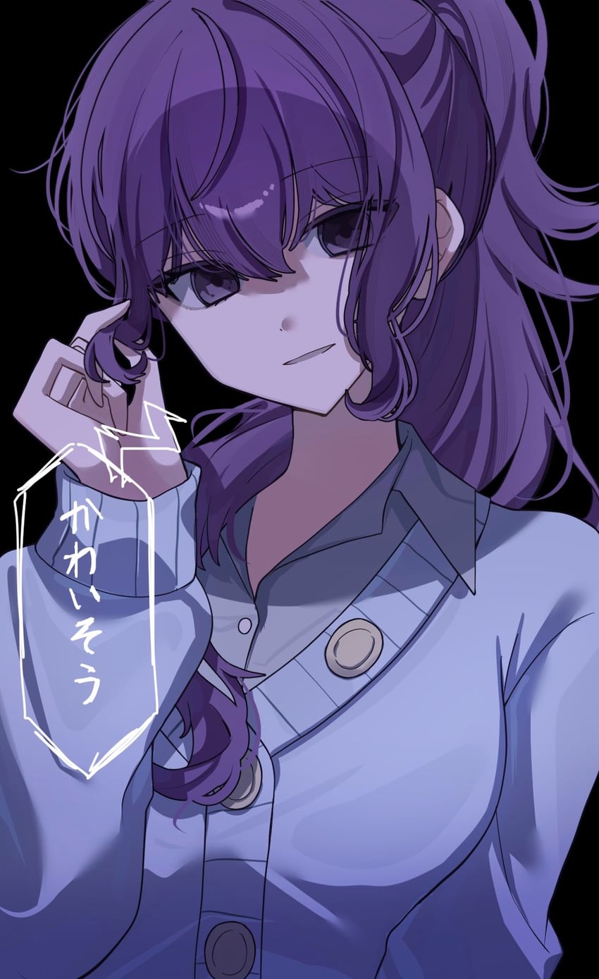 世界计划、朝比奈真冬 1名女孩 手臂放在侧边 黑色背景 蓝色针织衫 乳房