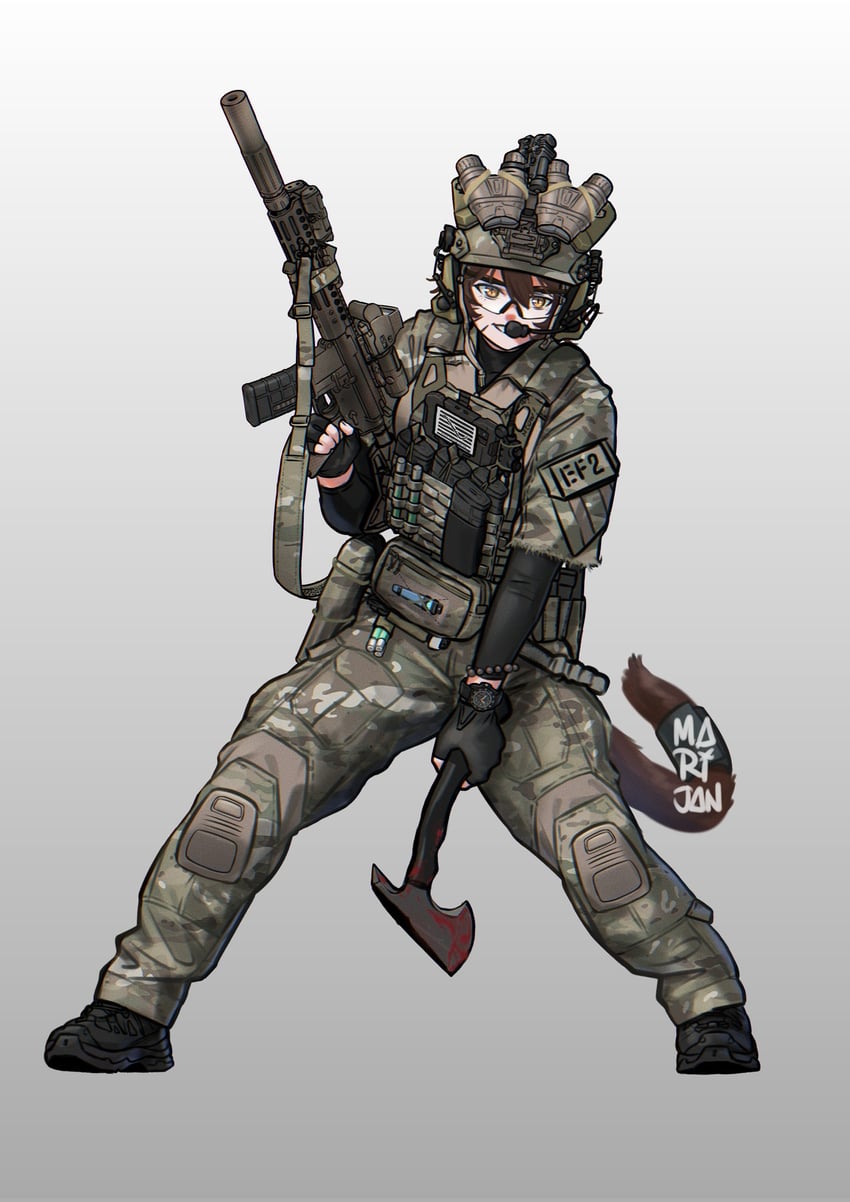 原创 1名男孩 AR-15 突击步枪 斧头 黑色靴子