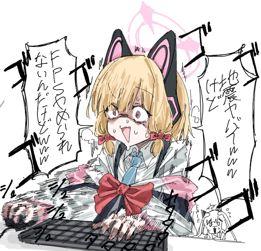 蔚蓝档案、绿 (蔚蓝档案)、桃井 (蔚蓝档案) 2名女孩 @_@ 兽耳耳机 兽耳 金发