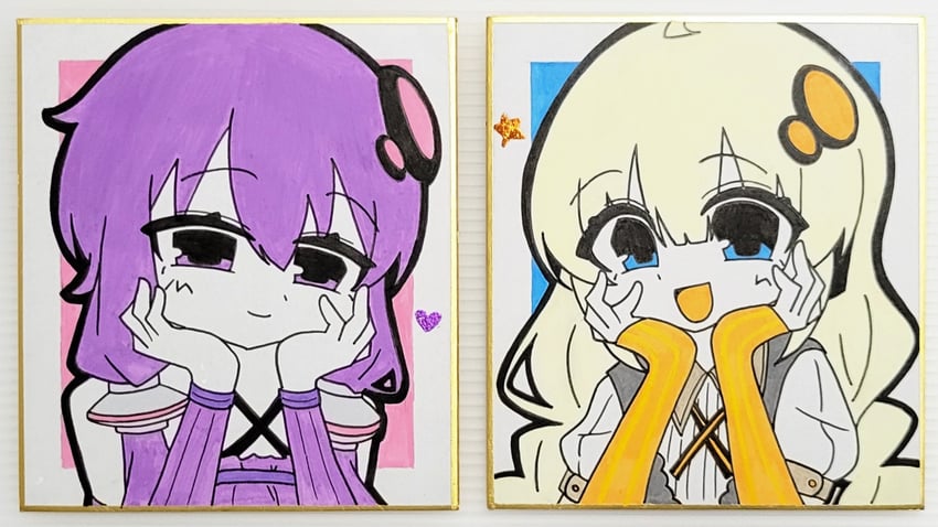 VOCALOID、VOICEROID、紲星灯 2名女孩 金发 蓝眼 闭嘴 交叉领结
