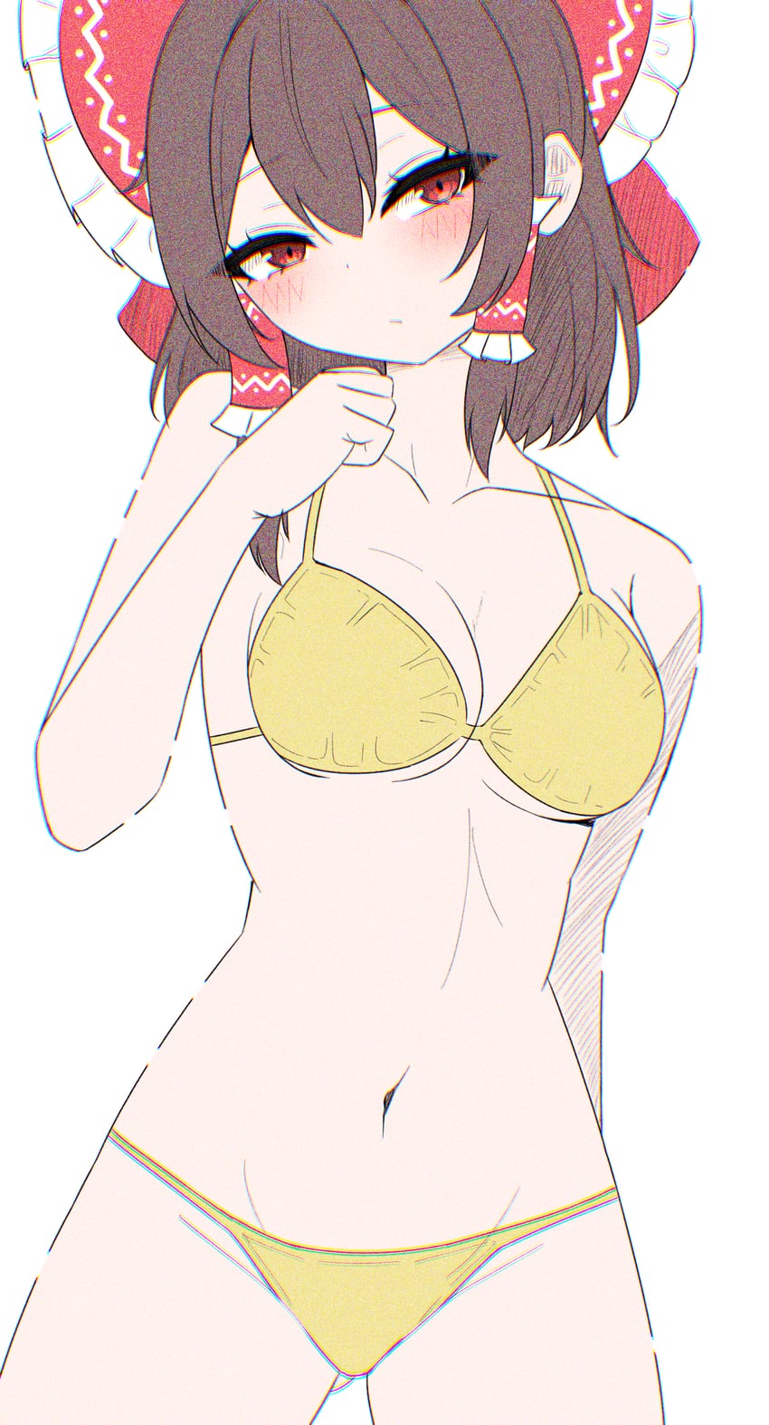 东方Project、博丽灵梦 1名女孩 替换服装 比基尼 脸红 蝴蝶结