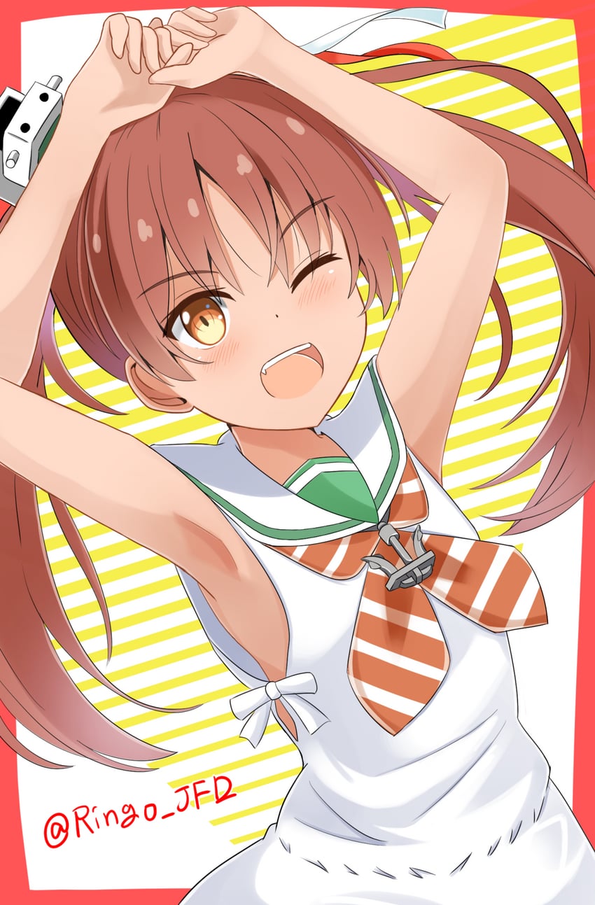 舰队Collection、西南风 (舰队收藏) 1名女孩 :D 微笑 腋下 举起双手