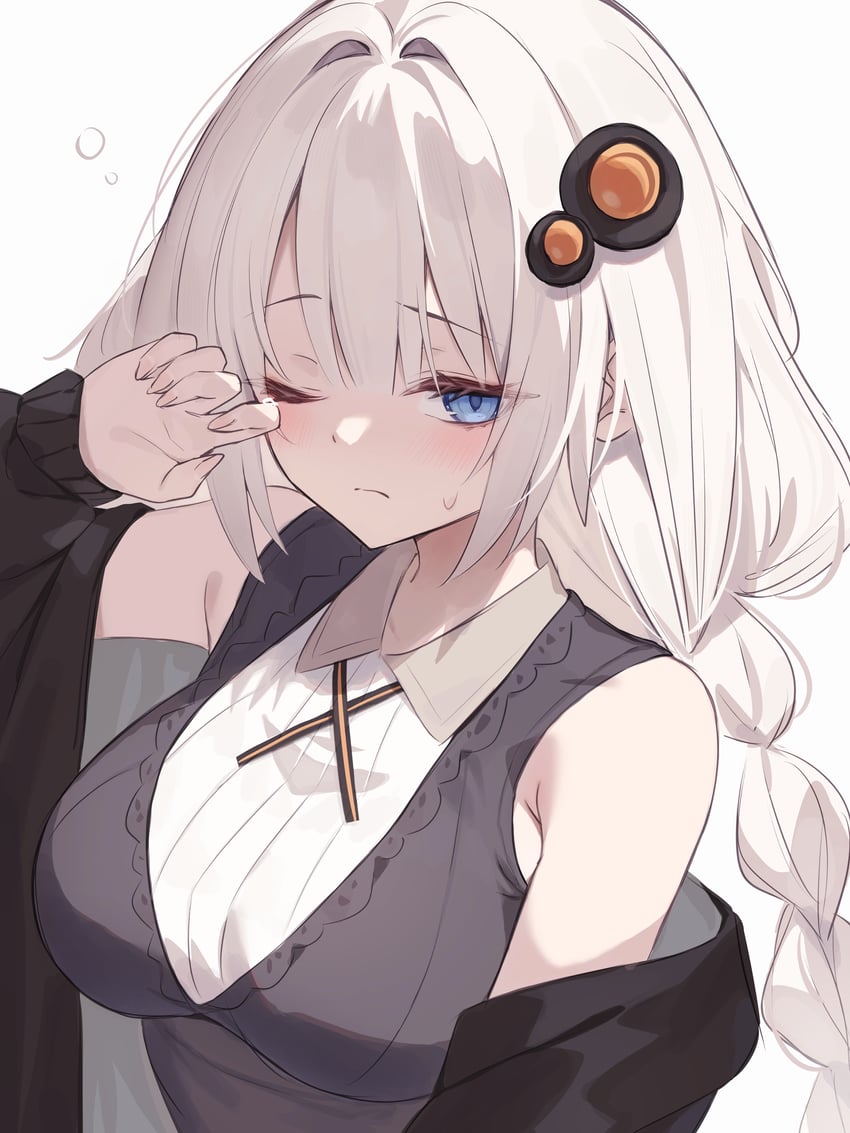 VOICEROID、紲星灯 1名女孩 黑色夹克 蓝眼 脸红 辫子