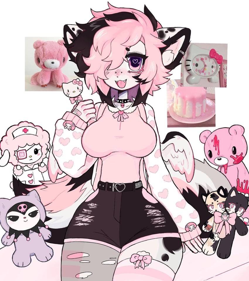 Hello Kitty、暴力熊、我爱美乐蒂 1名女孩 猫脸笑 :D 腰带 黑色项圈