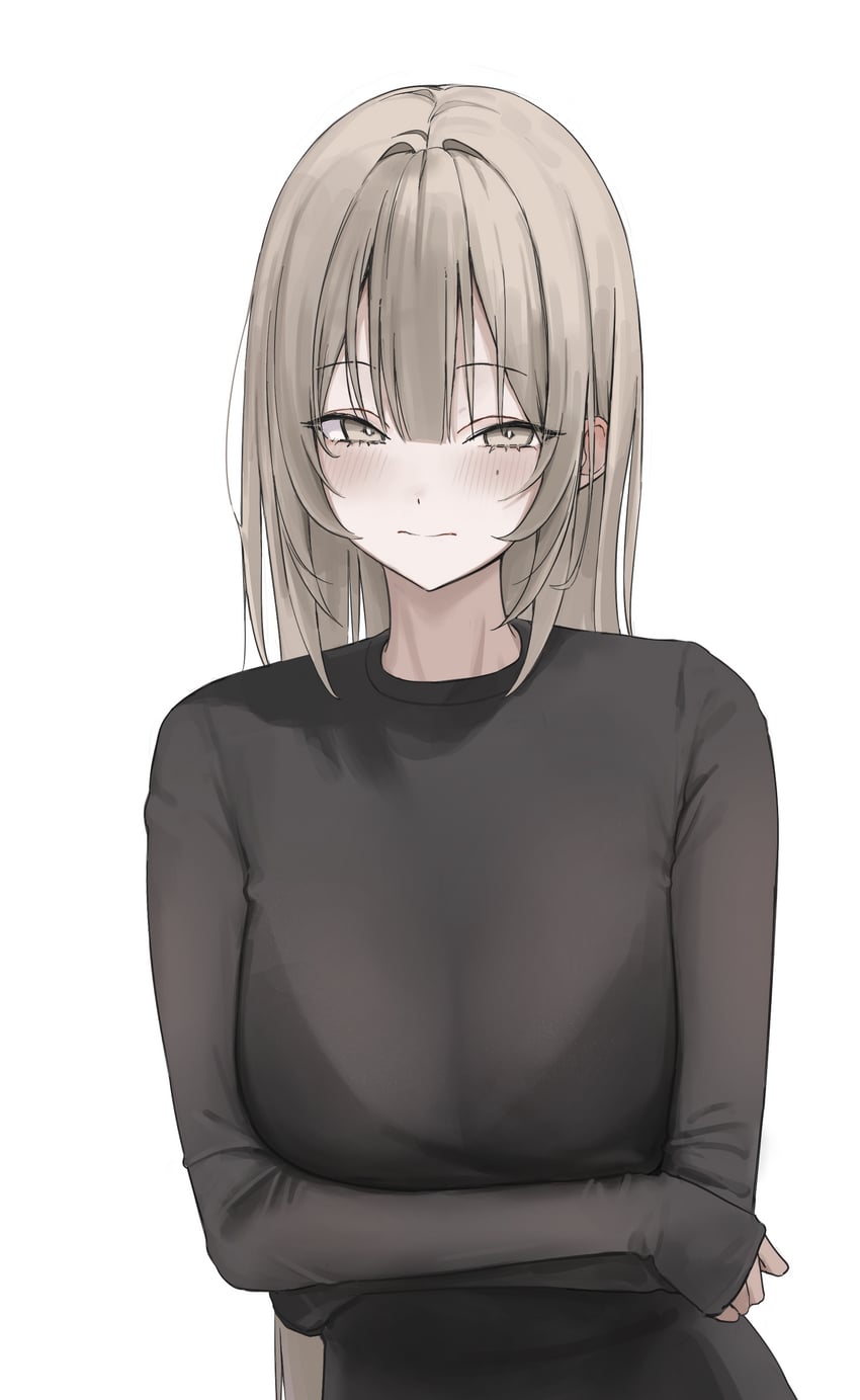 原创、柚子 (Laneigu) 1名女孩 呆滞脸 手托胸 黑衬衫 金发