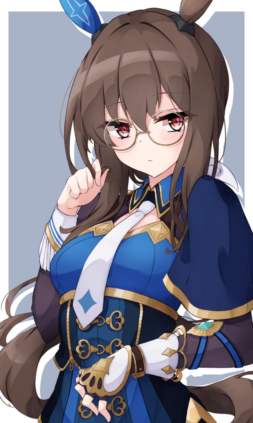 赛马娘、爱慕织姬 (星间夜曲) (赛马娘)、爱慕织姬 (赛马娘) 1名女孩 兽耳 戴眼镜的 蓝色衣领 蓝色连衣裙