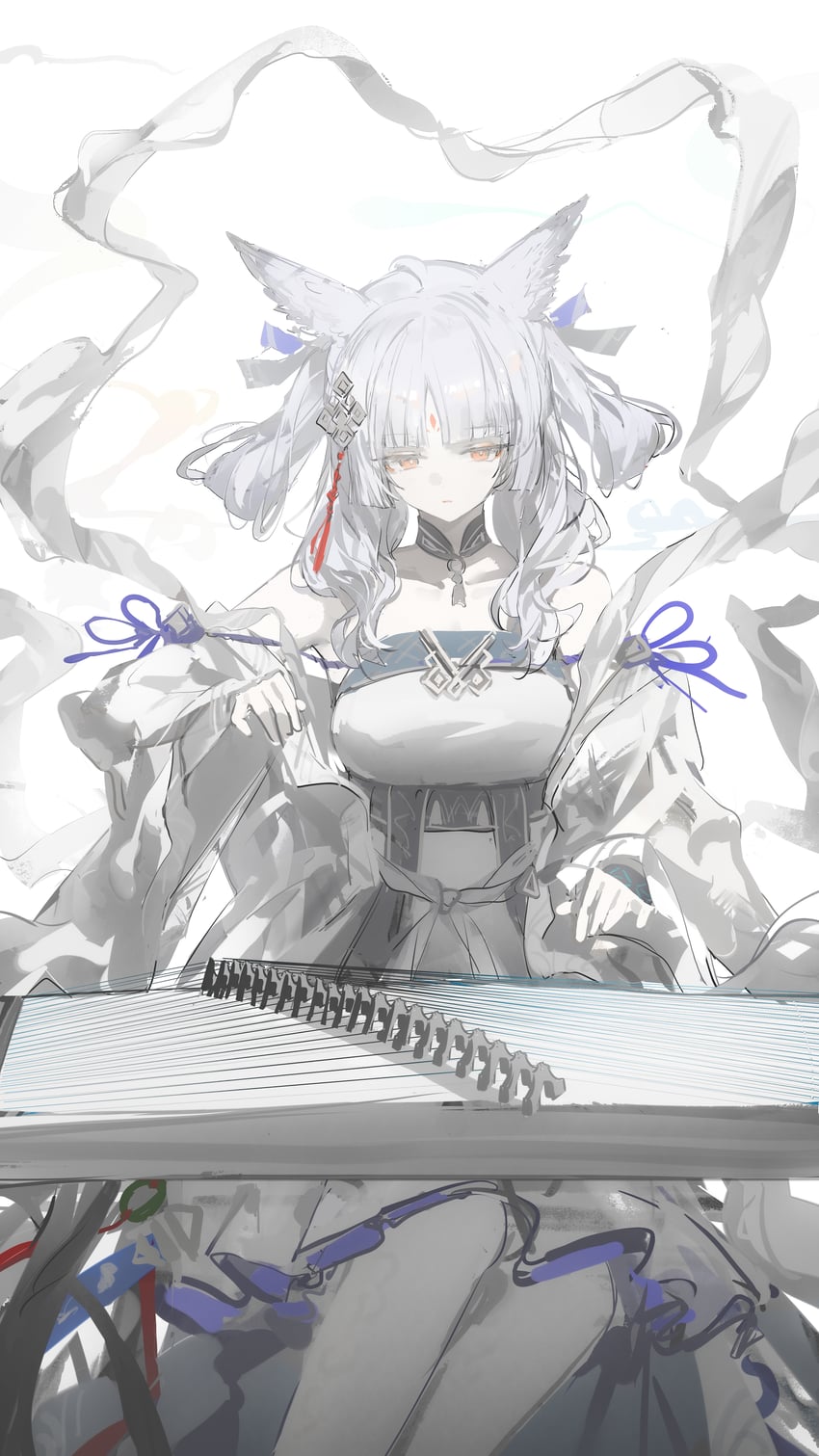 明日方舟、白面鸮 (云中漫步) (明日方舟)、白面鸮 (明日方舟) 1名女孩 露肩 中国风服饰 连衣裙 脸部印记