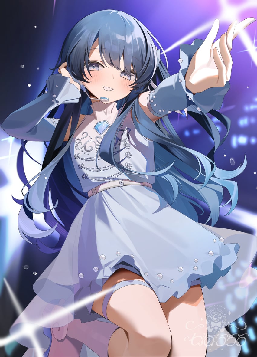 个人势虚拟主播、七海丽（VTuber） 1名女孩 腰带 黑发 蓝色连衣裙 蓝眼