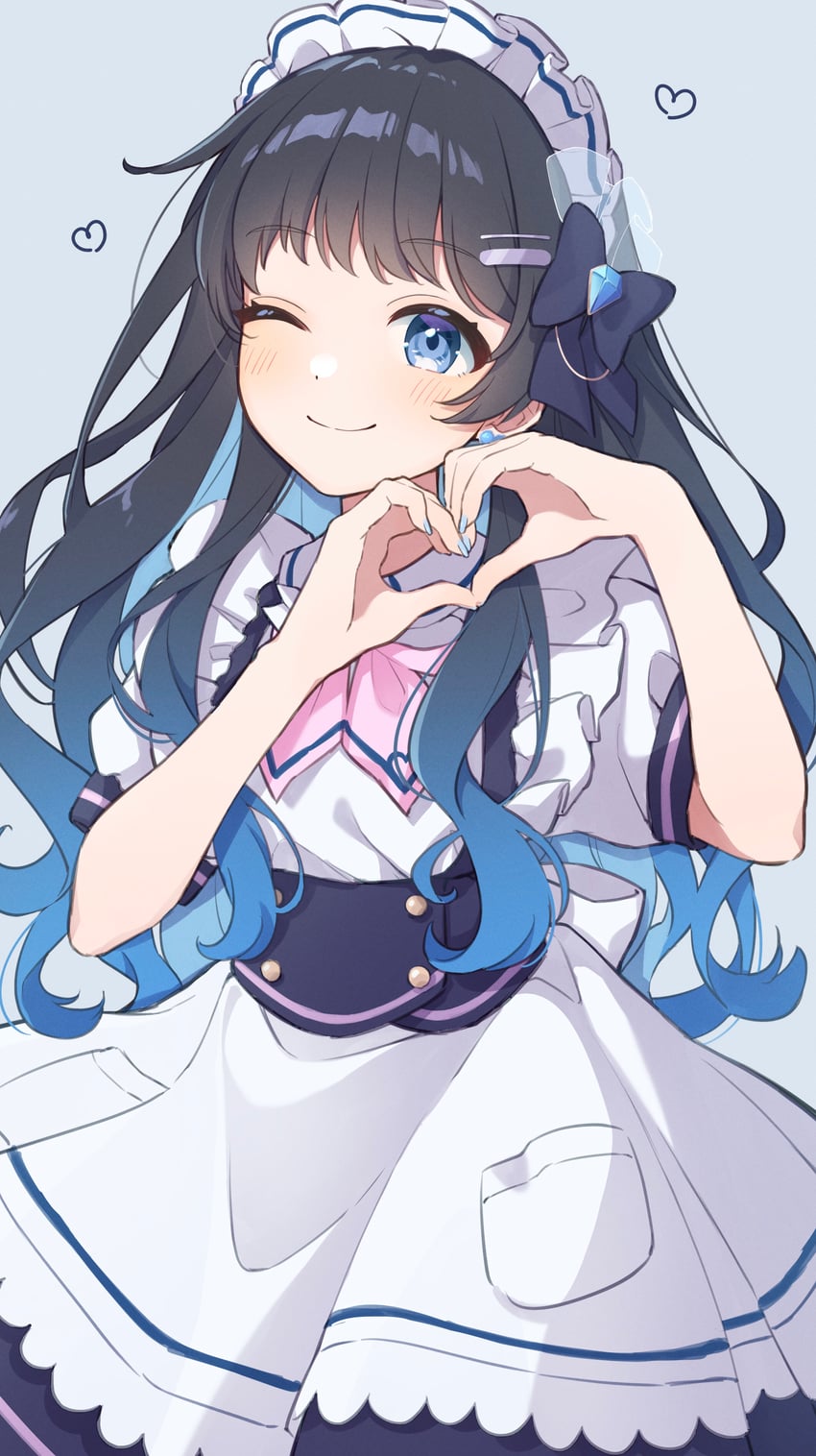 个人势虚拟主播、七海丽（VTuber） 1名女孩 围裙 黑色蝴蝶结 黑发 蓝色连衣裙