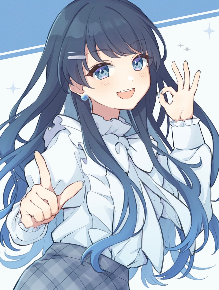 个人势虚拟主播、七海丽（VTuber） 1名女孩 黑发 蓝色连衣裙 蓝眼 蓝发