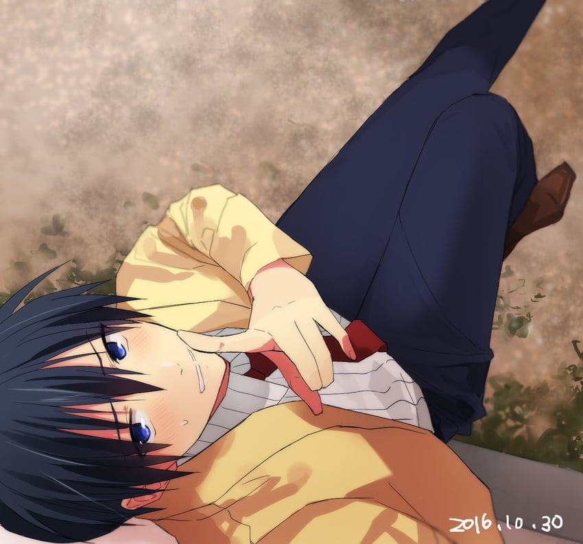 CLANNAD、冈崎朋也 1名男孩 黑发 黑裤子 蓝眼 脸红