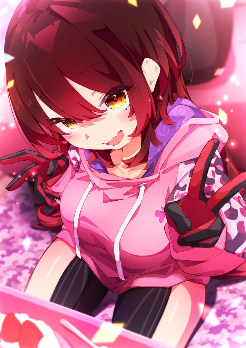 Hololive、萝卜子、萝卜子 (帽衫) 1名女孩 :D 弯曲V字 棕发 蛋糕