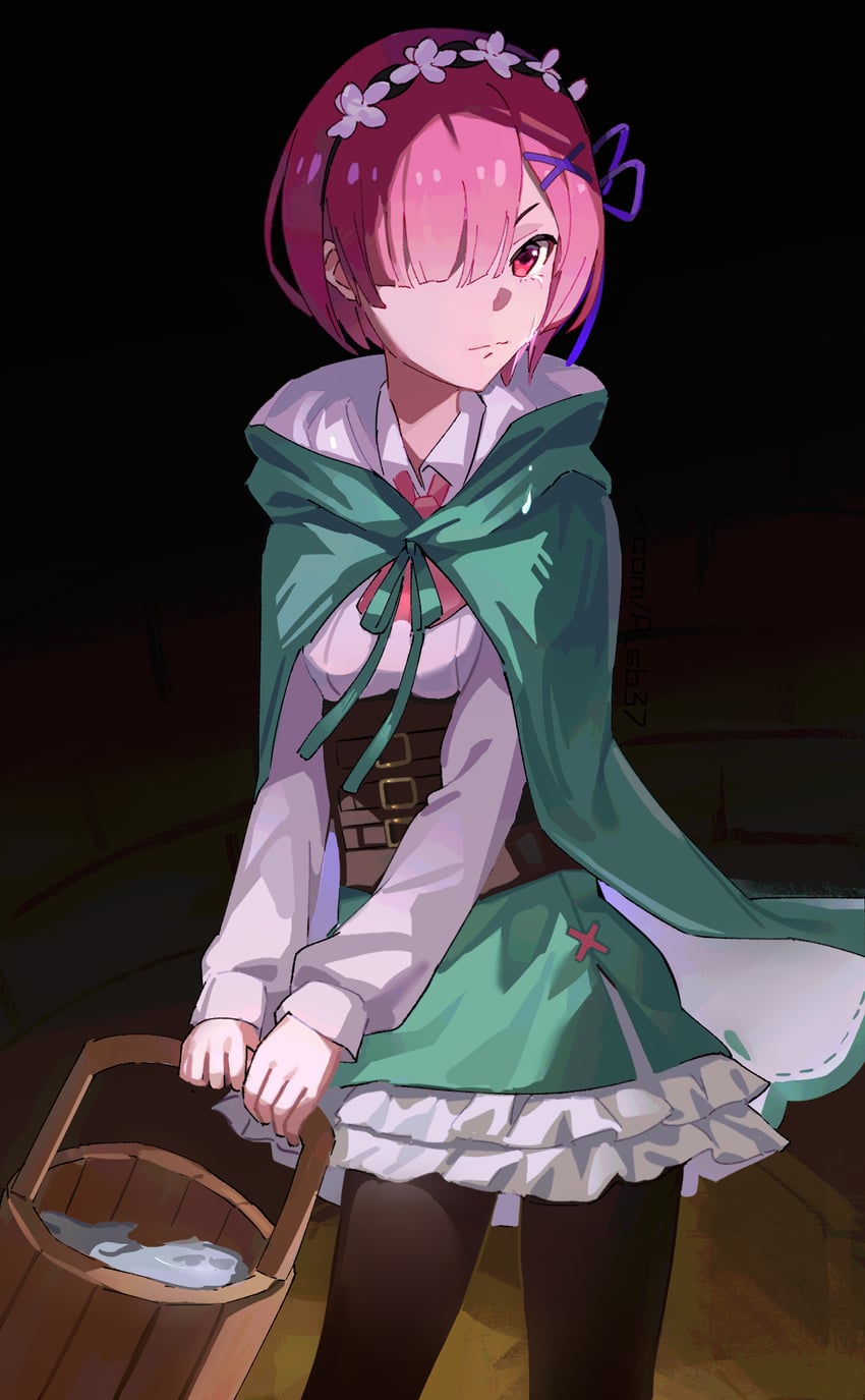 Re:从零开始的异世界生活、拉姆 (Re:Zero) 1名女孩 作者名 黑色连裤袜 棕色紧身胸衣 桶