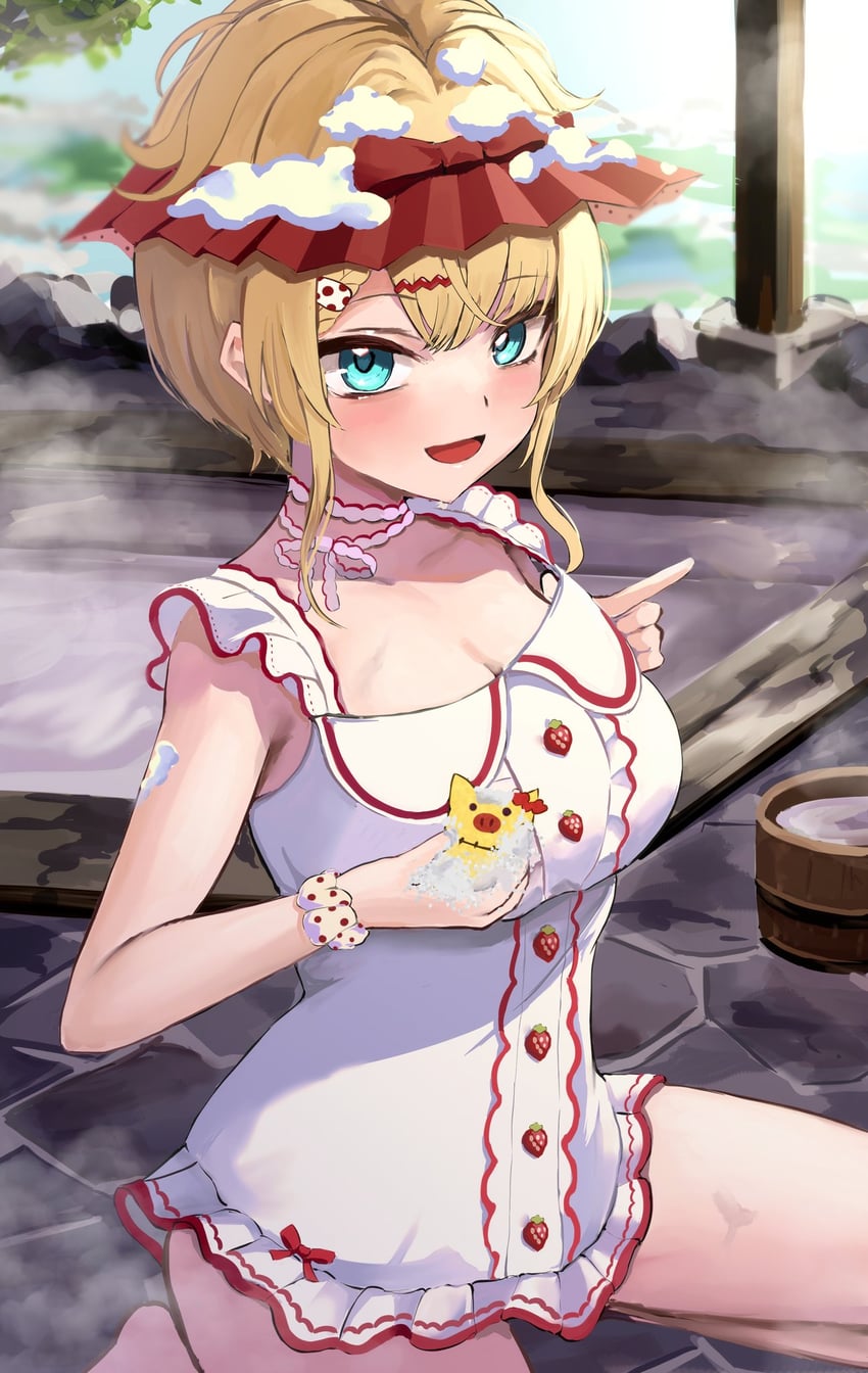 Hololive、赤井心、akai haato (10th costume) 1名女孩 洗澡 金发 蝴蝶结 乳房