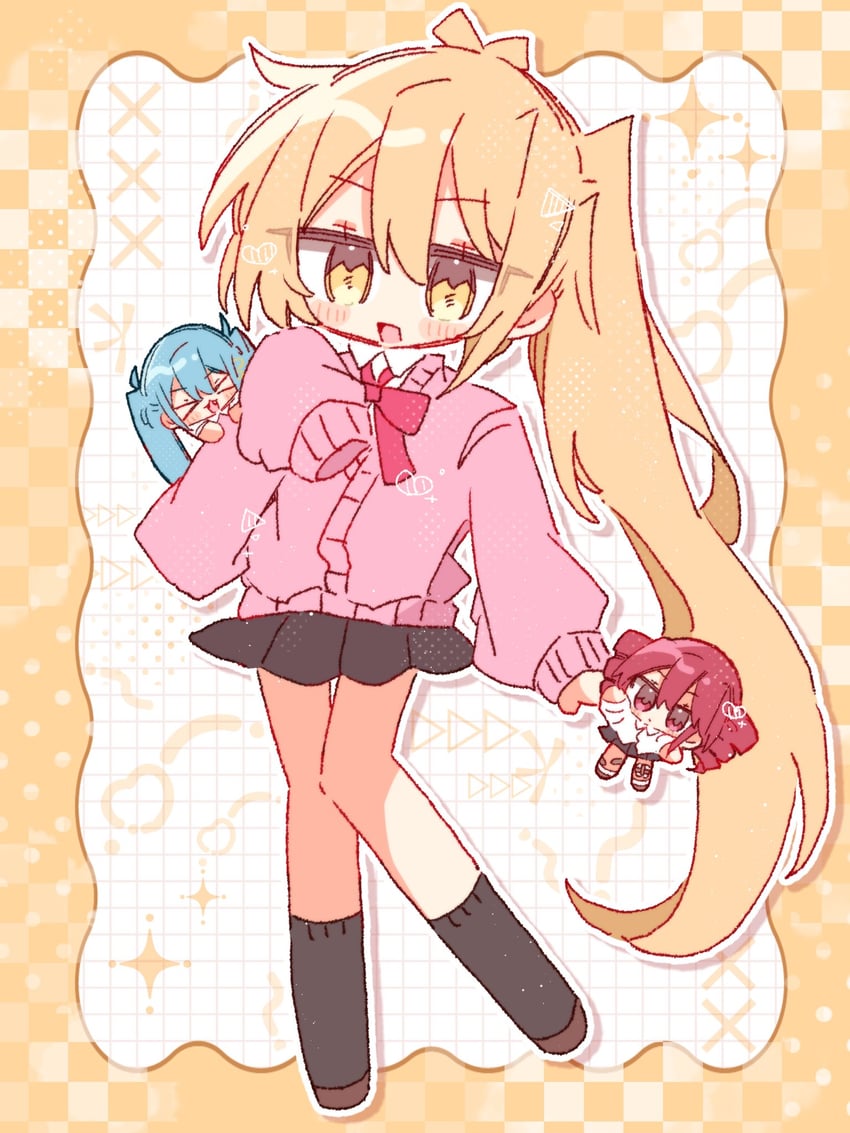 UTAU、VOCALOID、杂鱼 (Vocaloid) 3人女子 闭眼挤眼 黑色裙子 黑袜 金发