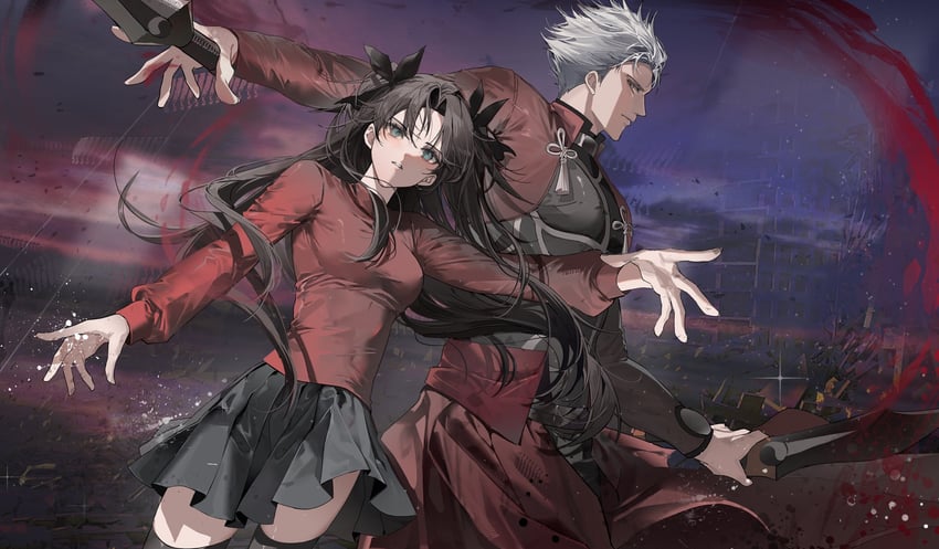Fate/stay night、Fate系列、Archer (Fate) 1名男孩 1名女孩 黑发 黑色裙子 黑色过膝袜
