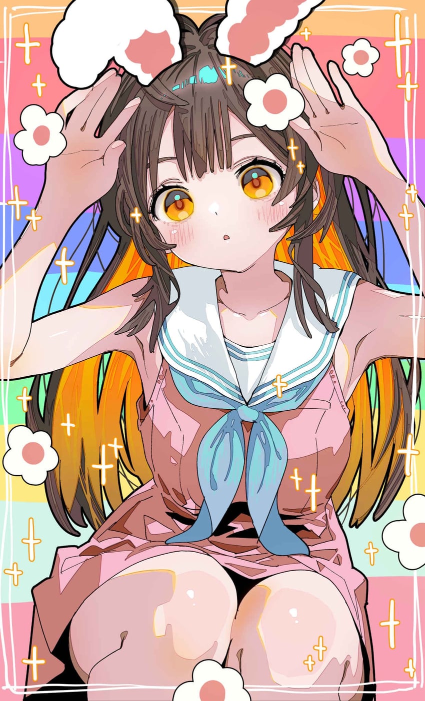 原创 1名女孩 惊讶 兽耳 腋下 举起双手