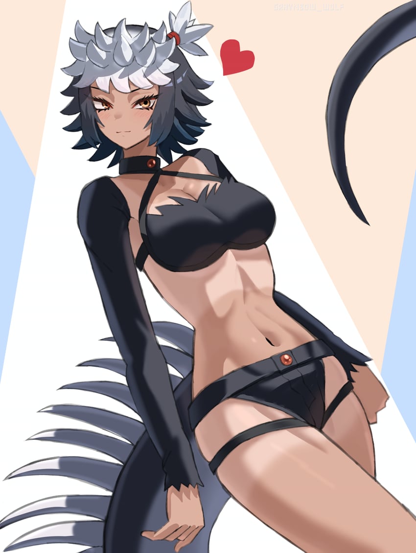 兽娘动物园、兽娘动物园3、marine iguana (kemono friends) 1名女孩 手放在身体两侧 比基尼 比基尼短裤 黑色比基尼