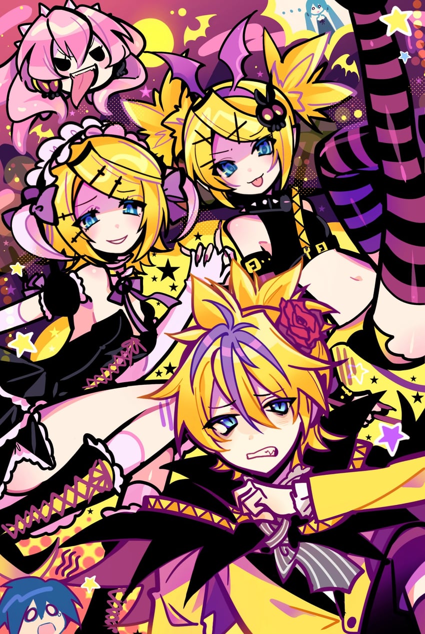 漂亮兜裆布恶魔连 (Vocaloid)、可爱内裤恶魔凛（Vocaloid）、VOCALOID ... 2个男孩 4个女孩 黑色靴子 黑色连衣裙