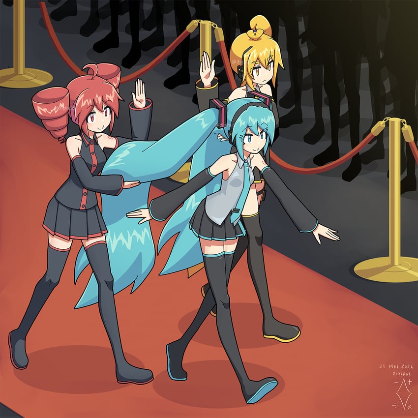 终末的女武神、UTAU、VOCALOID 3人女子 水蓝色饰边 举手 作者标志 作者名