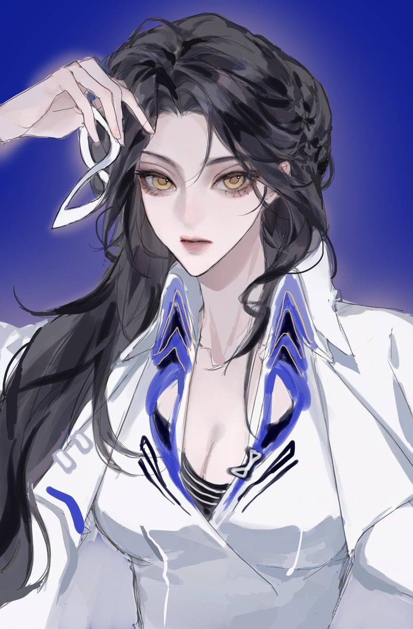 无期迷途、同构体 (无期迷途) 1名女孩 举手 黑发 蓝色背景 乳房