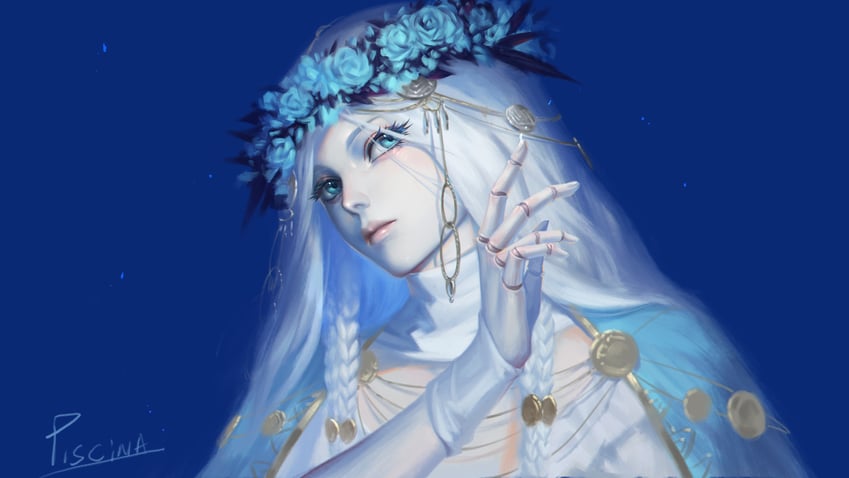 艾尔登法环、艾尔登法环：暗夜统治、王室幽魂 (艾尔登法环) 1名女孩 作者名 蓝色背景 蓝眼 辫子