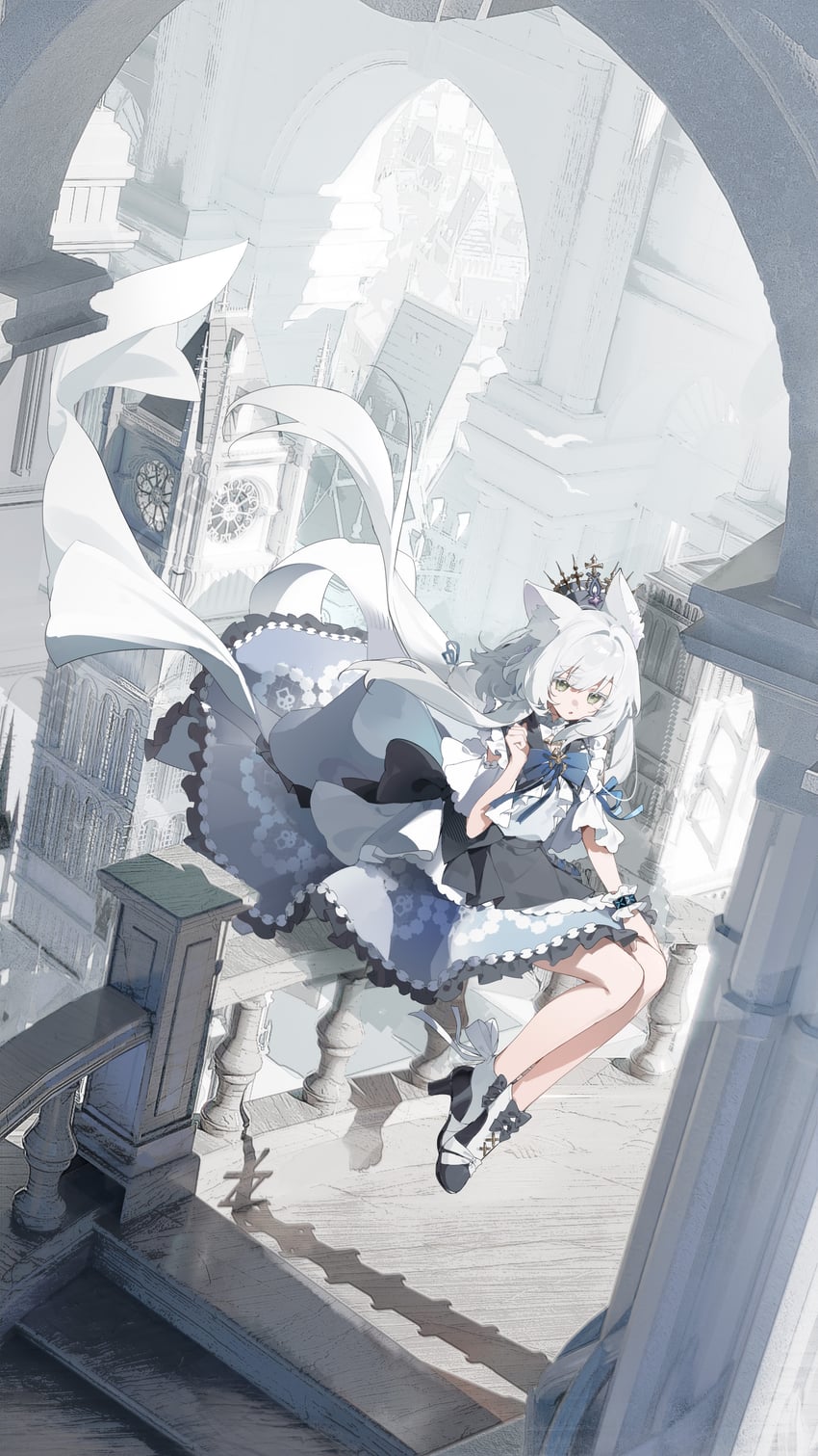 明日方舟、迷迭香 (浮空幻梦) (明日方舟)、迷迭香 (明日方舟) 1名女孩 拱形 黑色裙子 蓝色蝴蝶结 蝴蝶结