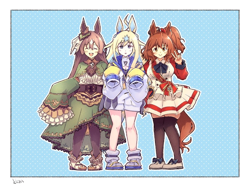 赛马娘、阿斯顿马酱 (Flare) (赛马娘)、阿斯顿马酱 (赛马娘) 3人女子 兽耳 黑色过膝袜 金发 蓝色蝴蝶结