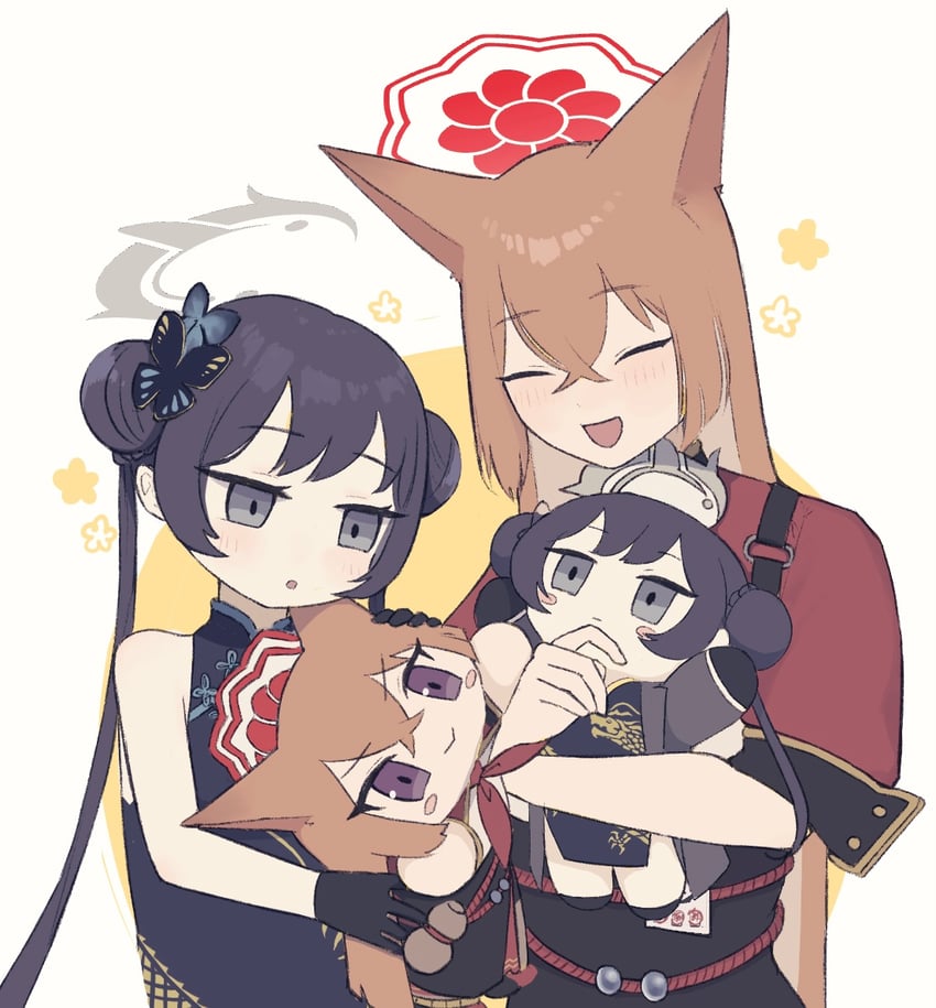 蔚蓝档案、妃咲 (碧蓝档案)、瑠美 (蔚蓝档案) 2名女孩 兽耳 黑色连衣裙 黑色手套 黑色裙子
