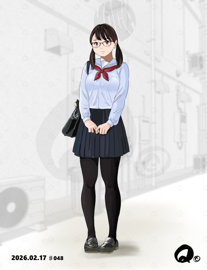 原创 1名女孩 包 黑发 黑色连裤袜 黑鞋