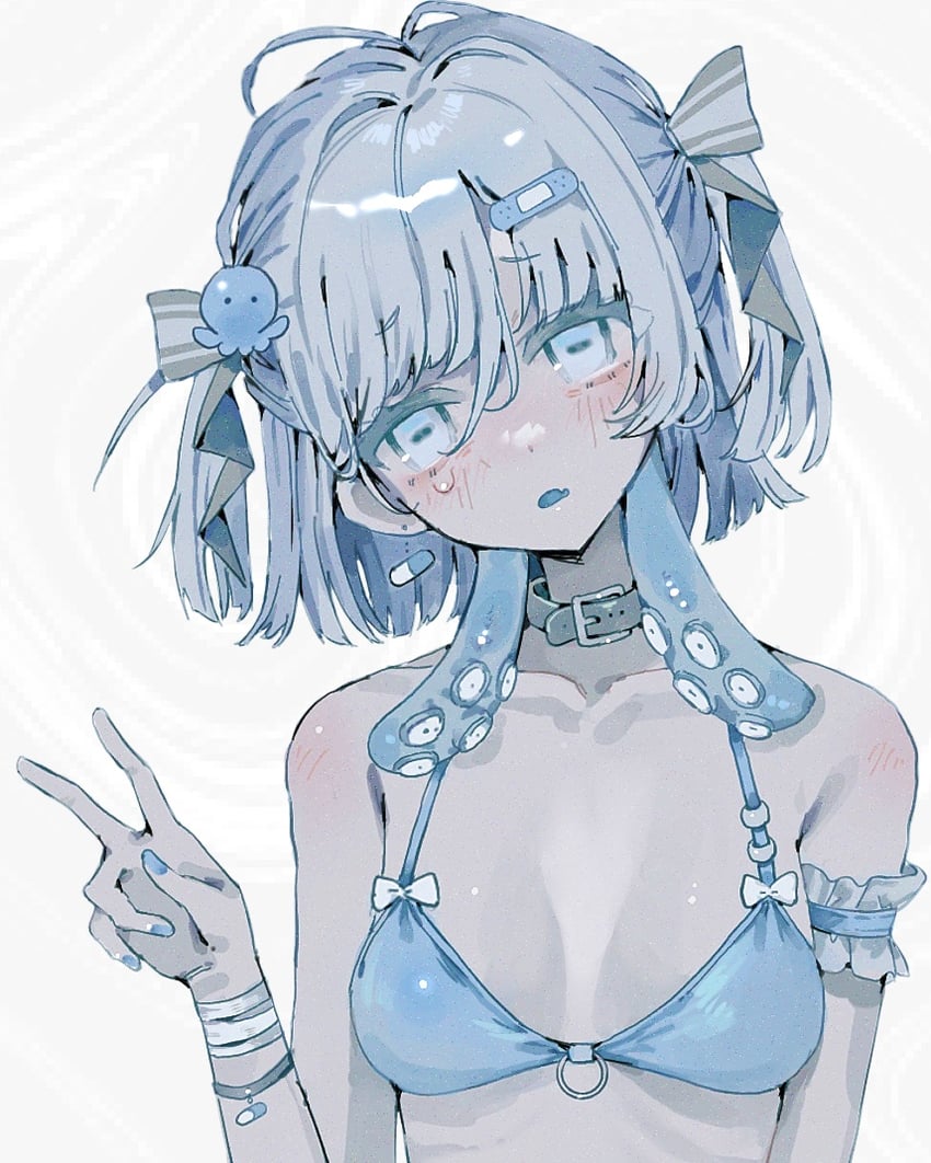 原创 1名女孩 呆毛 露肩 蓝色胸罩 蓝眼