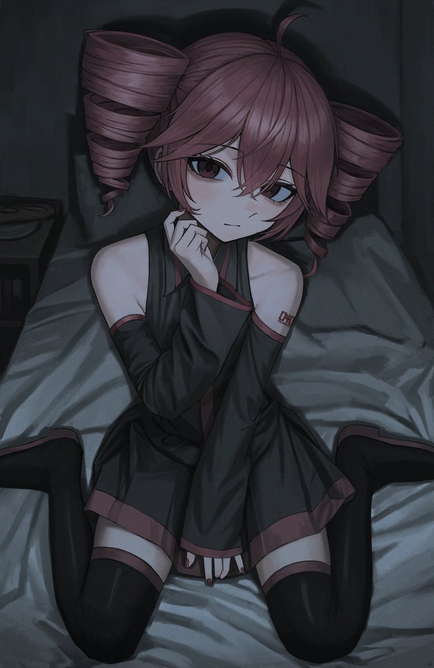 UTAU、重音Teto、重音テト (UTAU) 1名女孩 呆毛 床单 黑色靴子 黑衬衫