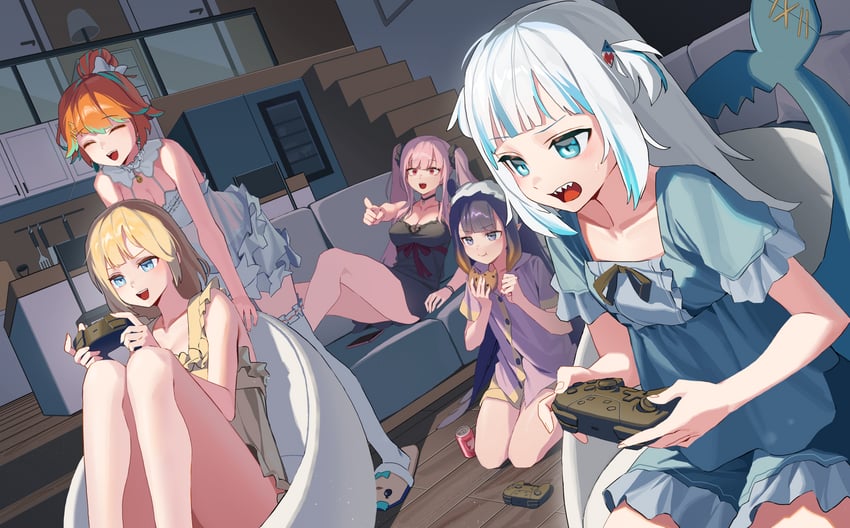 Hololive、Hololive英语、噶呜·古拉 5名女孩 :D 替换服装 水色发 裸臂
