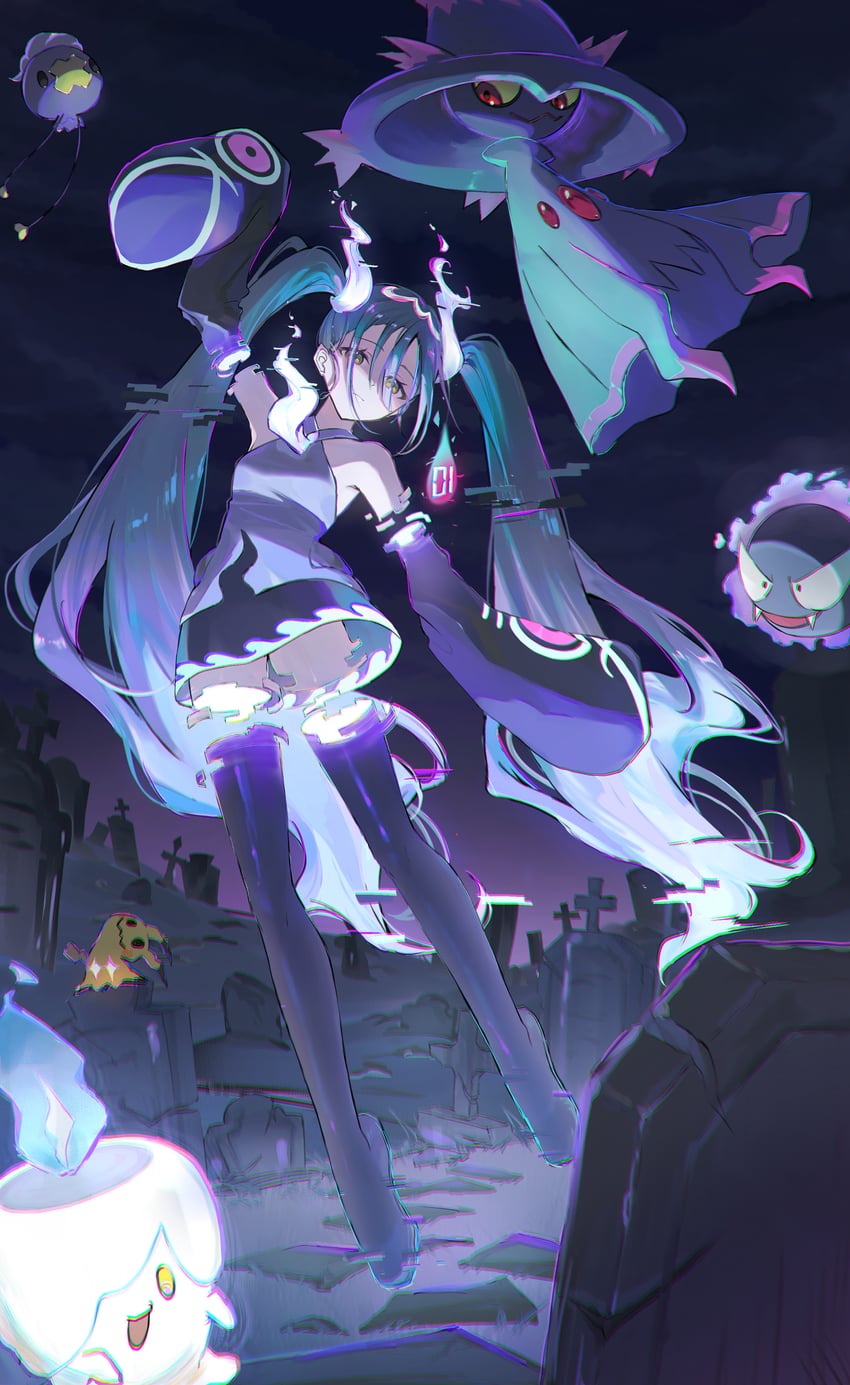 宝可梦、宝可梦×初音未来联动项目、VOCALOID 1名女孩 水色发 露肩 黑色裙子 黑色过膝袜