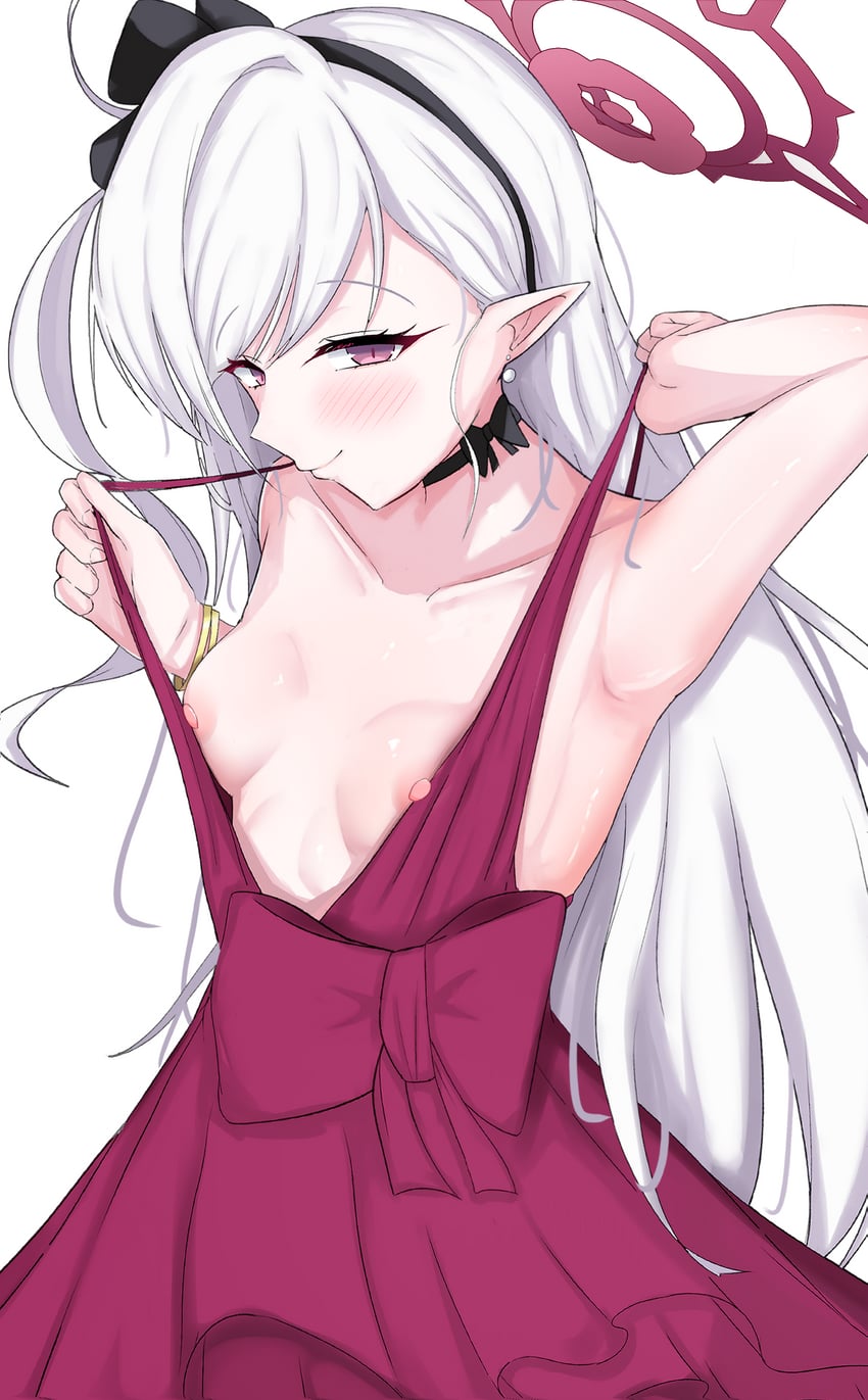 蔚蓝档案、睦月 (蔚蓝档案)、浅黄睦月 (礼服) (蔚蓝档案) 1名女孩 乳房 连衣裙 耳环 光环