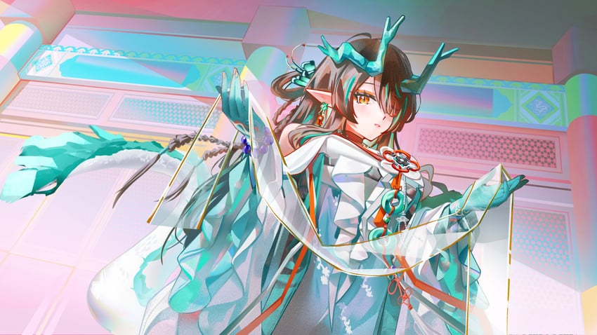 明日方舟、夕 (明日方舟)、夕 (染尘烟) (明日方舟) 1名女孩 水蓝色角 建筑 黑发 蓝手