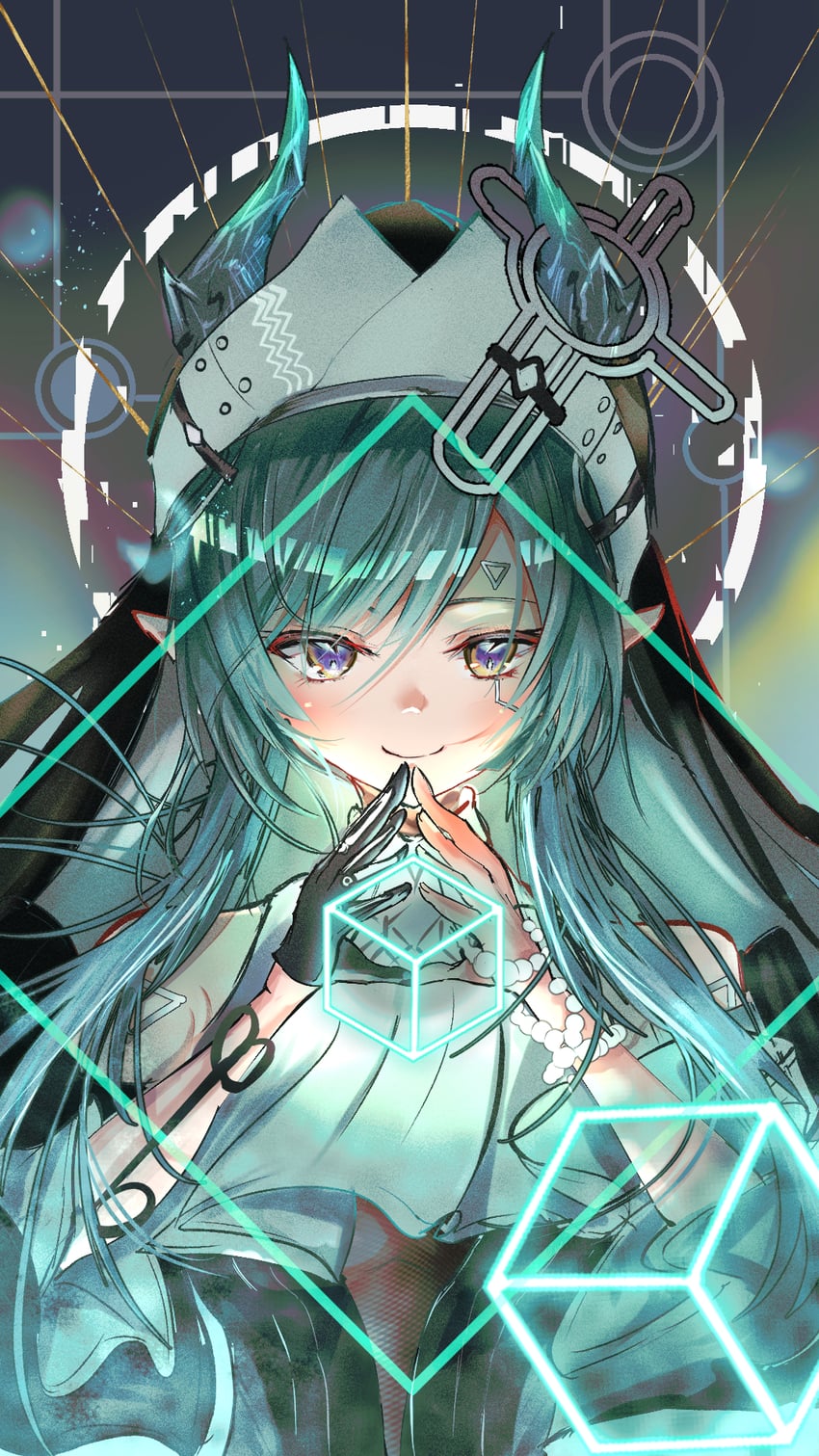 明日方舟、明日方舟：终末地、塞赫 (明日方舟) 1名女孩 露肩 黑色手套 黑面纱 蓝眼