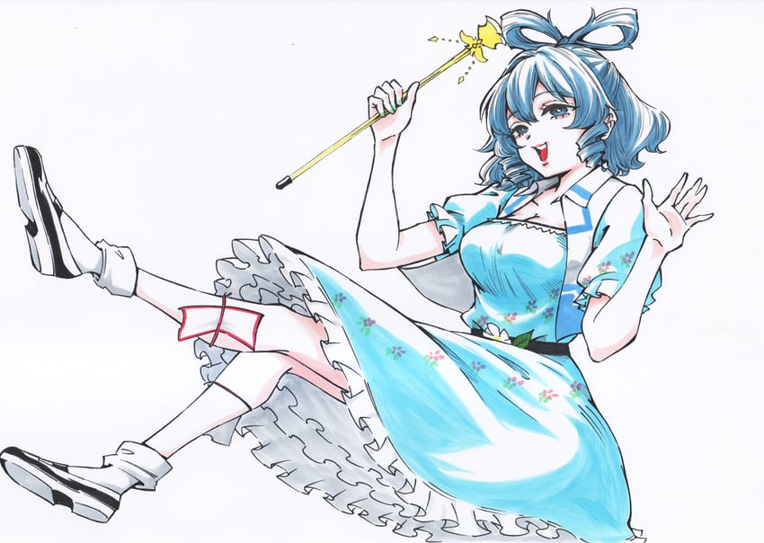 东方Project、霍青娥 1名女孩 黑鞋 蓝色连衣裙 蓝眼 蓝发