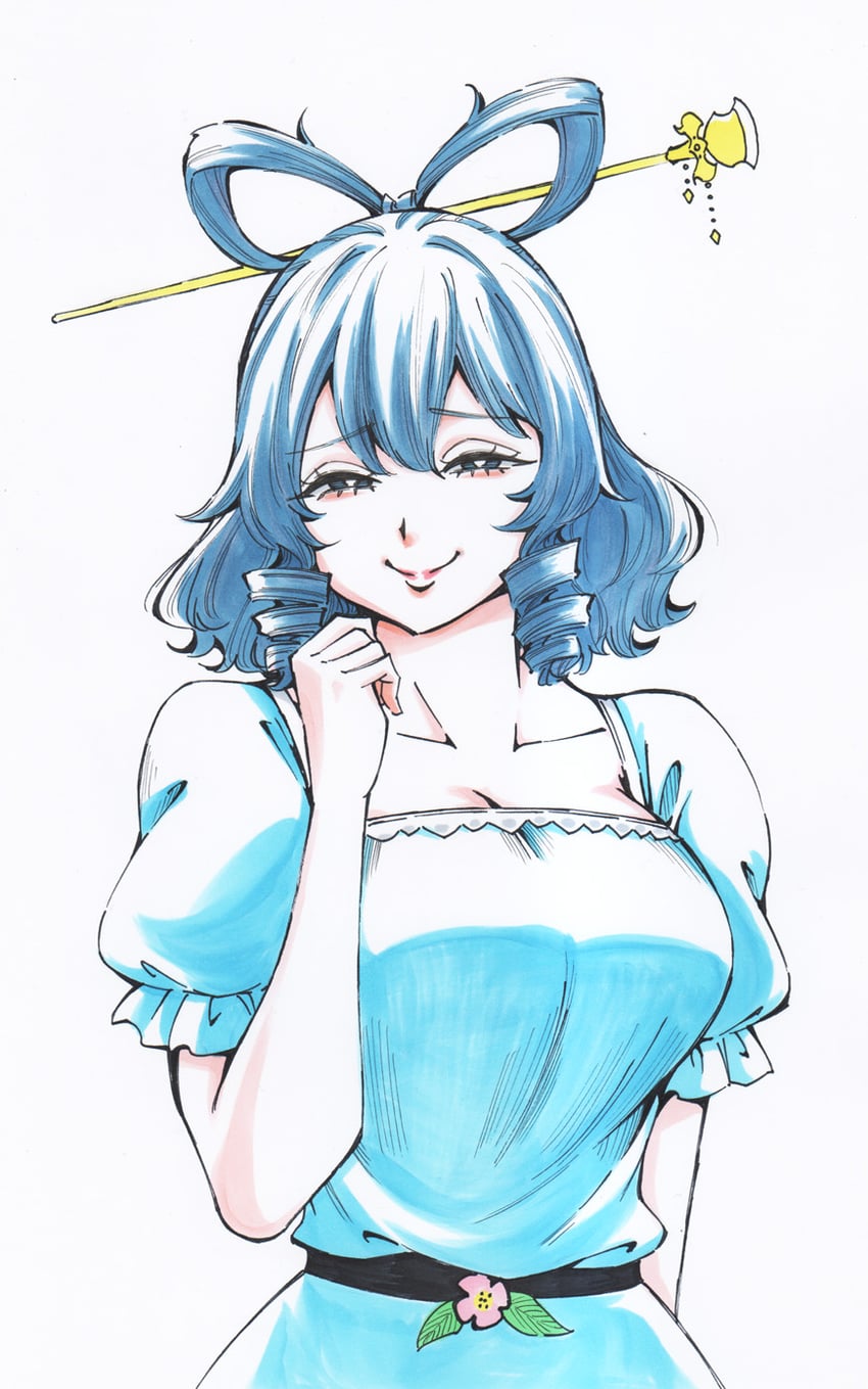 东方Project、霍青娥 1名女孩 蓝色连衣裙 蓝眼 蓝发 乳房