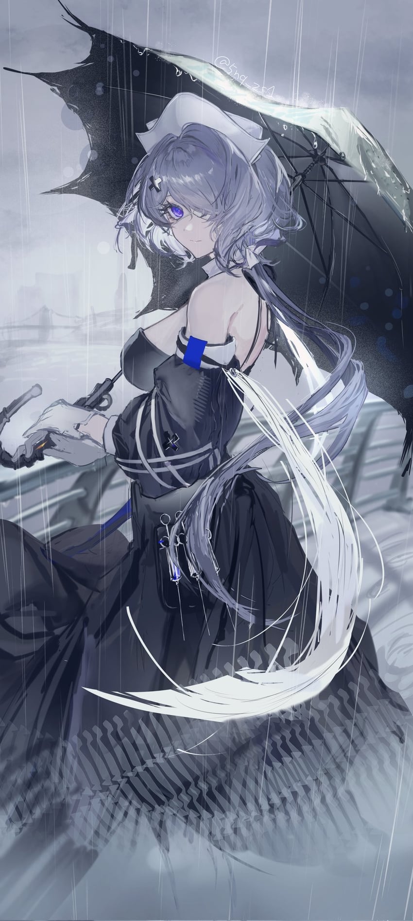 明日方舟、絮雨 (明日方舟) 1名女孩 露肩 黑色连衣裙 黑伞 蓝发