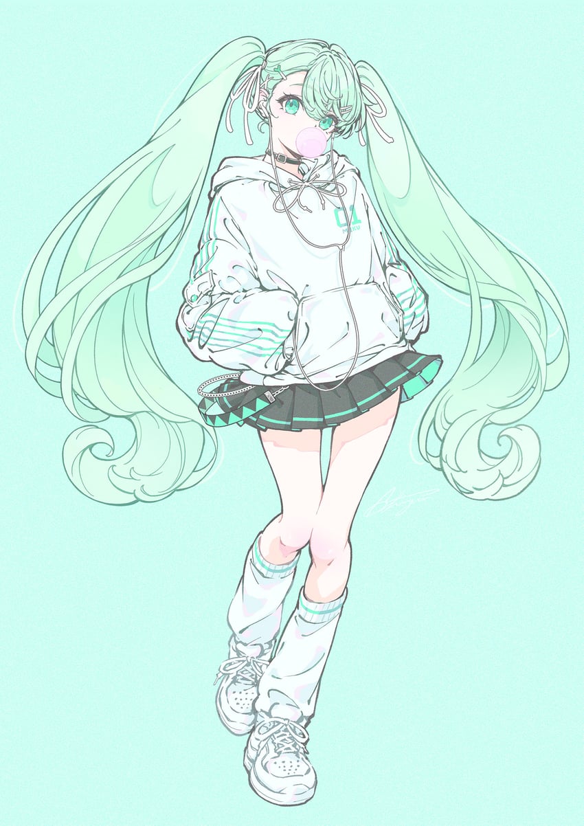 VOCALOID、初音未来 1名女孩 水色瞳 水色发 水主题 皮带项圈