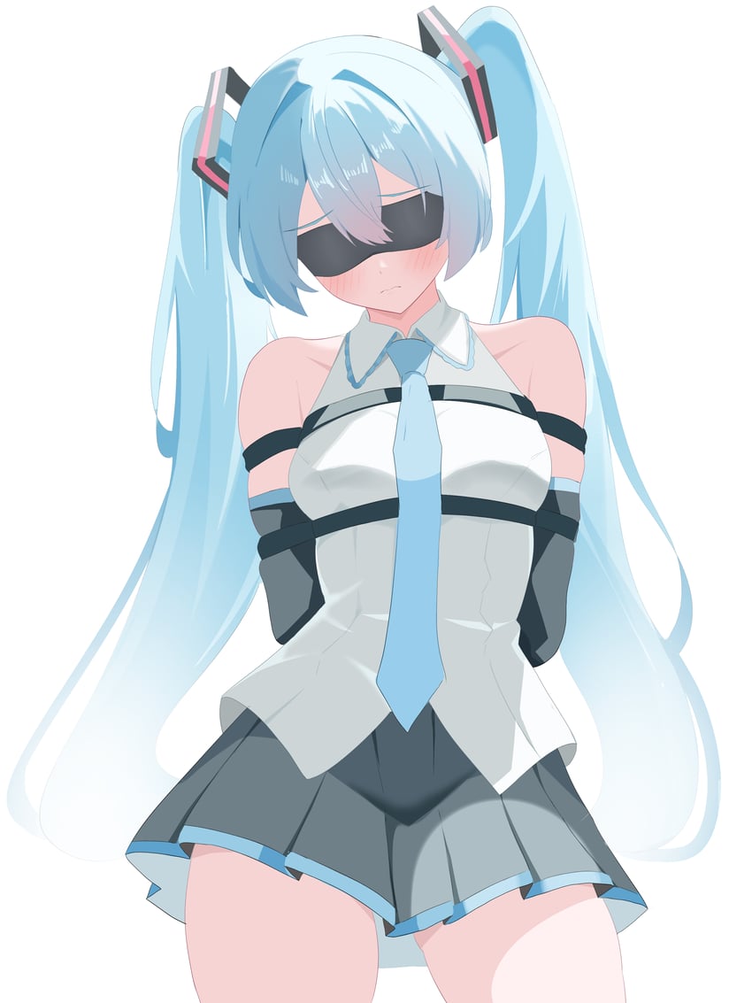 VOCALOID、初音未来 1名女孩 水色发 水蓝色领带 露肩 黑色裙子