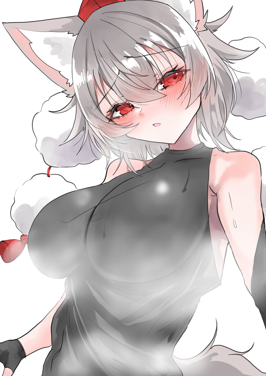 东方Project、犬走椛 1名女孩 兽耳 露肩 脸红 乳房